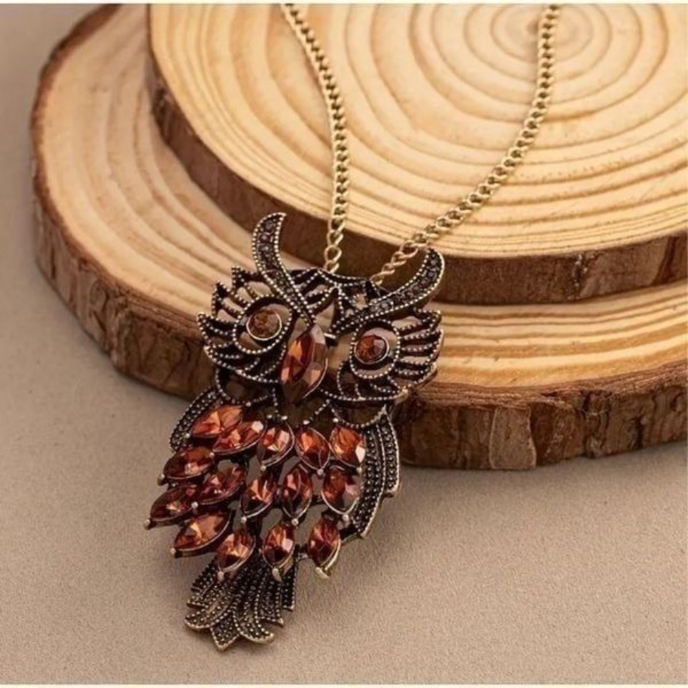 Vintage Style Boho Owl Necklace Long Chain Amber Rhinestone Pendant Jewelry Gift